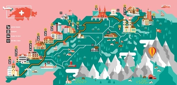 GQ Swiss Watch Tour Always With Honor #geometric #map #illustration #building #minimal