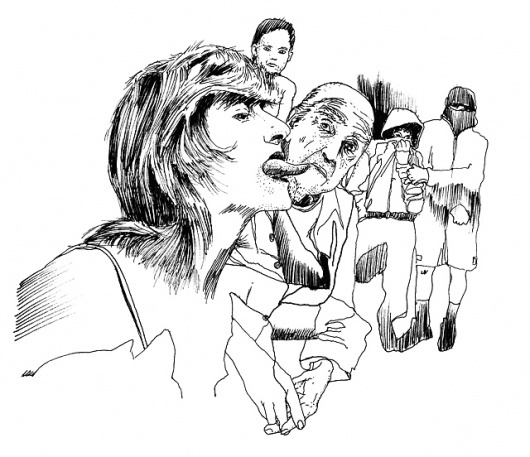 The Kiss® #old #woman #dirty #eros #erotic #homo #illustration #men #kids #children #fun #sex #kiss