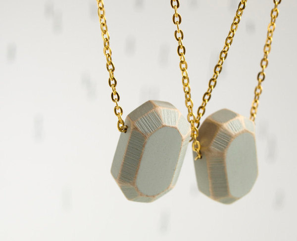 wood Diamond. geometric necklace. concrete grey faceted pendant on gold tone chain. Handcrafted wooden gemstone. #jewellery