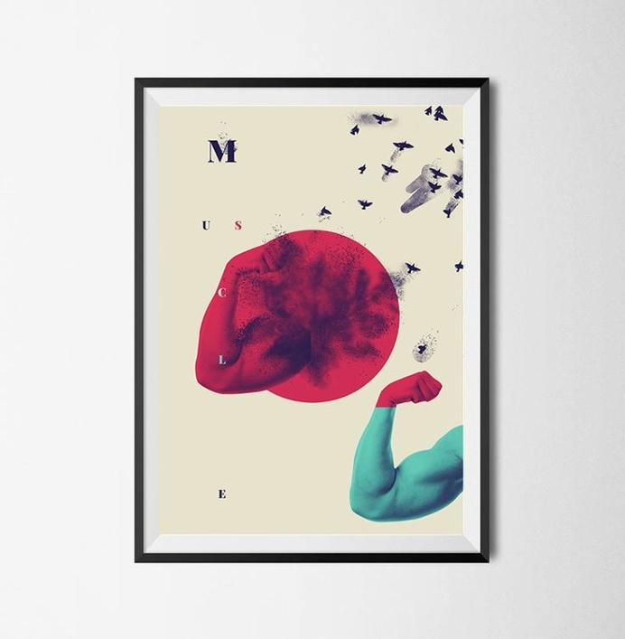M u S c L e / / 0 4 Is a personal collage composition, mixing static and no static elements, as human arms, birds and geometric shapes, wo
