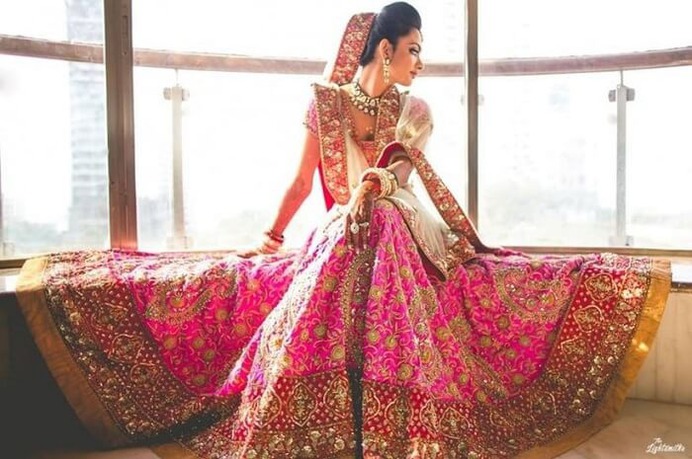 embroidered pink bridal lehenga