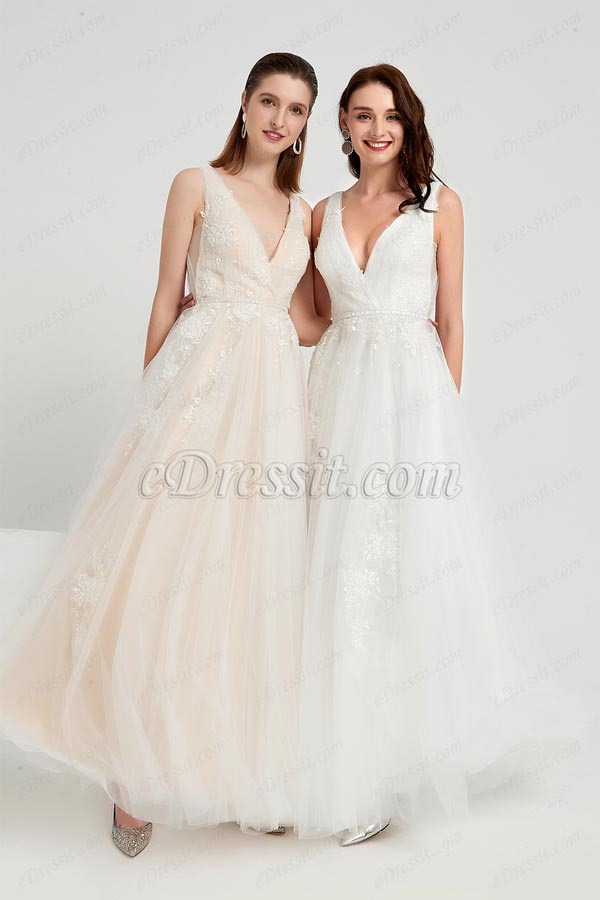 eDressit Beige Plung V-Cut Lace LongTulle Party Prom Gown (01200314)