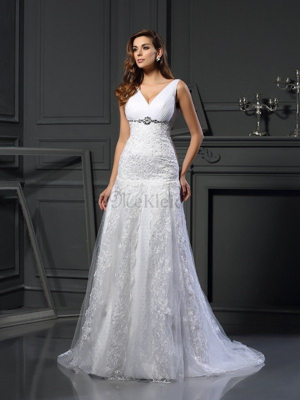 Prinzessin Perlenbesetztes A-Linie Anständiges Brautkleid mit Empire Taille