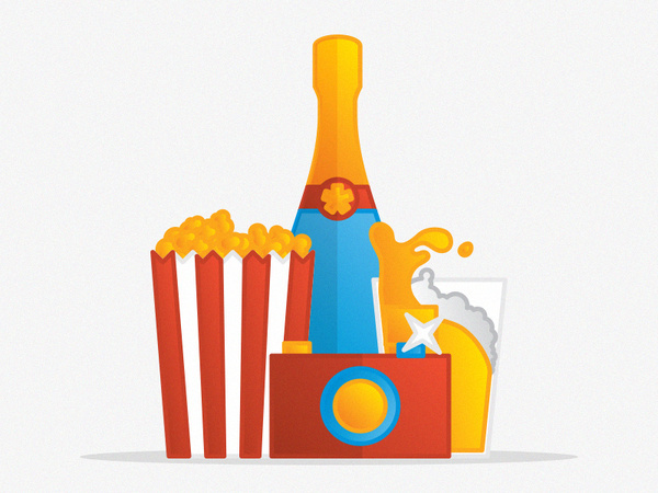 Cheers! #beer #vector #popcorn #line #camera #color #lineart #glass #illustration #shadow #gradient #art #champagne #party