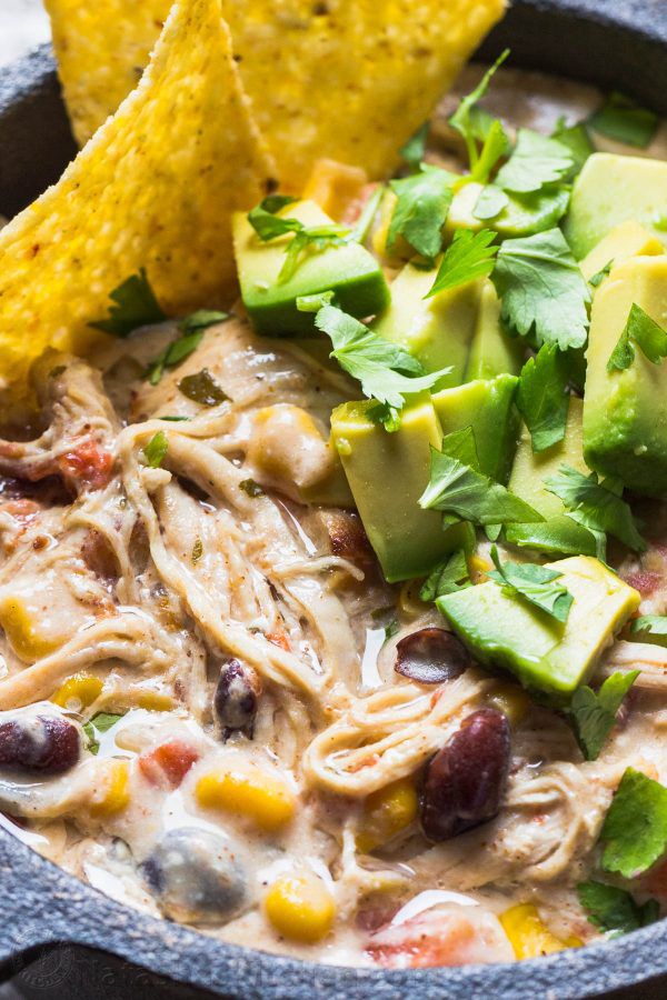 This White Chicken Chili is done in less than an hour start to finish in the Instant Pot with melt-in your mouth tender chicken. Stir everything together in the instant pot, top with cream cheese and set for 20 minutes. | natashaskitchen.com