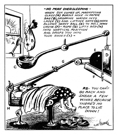 The Offical Rube Goldberg Website - Gallery: 'No More Oversleeping' Cartoon #rub #machines #illustration #cartoon #goldberg