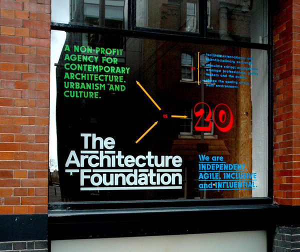 Architectural Foundation window decals byÂ Helios Capdevilahttp://www.capdevila.co.uk/work/architecture foundation 20th anniversary windows. #typography
