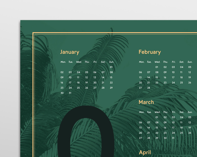 New beautiful dark green poster 2017 calendar poster in the size of 50 x 70 cm with nice big bold typography and golden golden and peach col