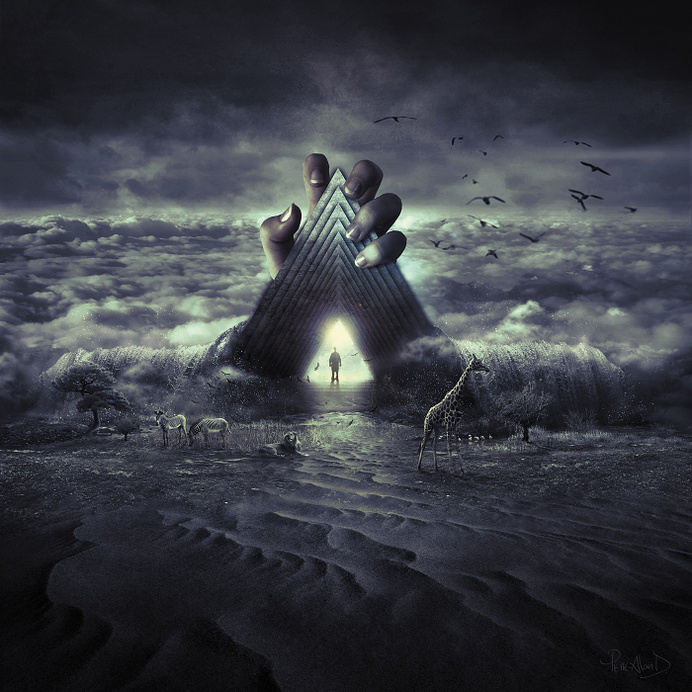"Hand Of GaÃ¯a" by Pierre-Alain D. #clouds #sky #door #animals #gate #sand #purple #surreal #pyramid #gaia #hand #bords #desert #gaã¯a