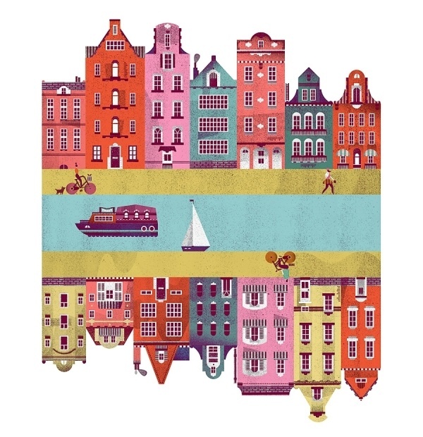 TypeToy (TypeToy.tumblr.com) #city #illustration #boat #bike #river #buildings