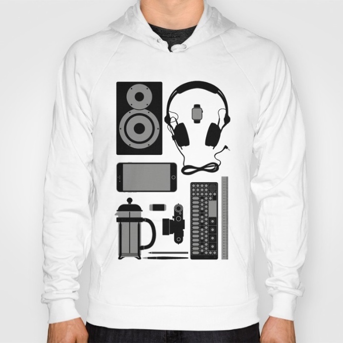 Objects Hoodie at Søciety6 #leica #vinylrecord #camera #speaker #headphones #op1 #frenchpress #applewatch #pencil #brush #rickardarvius