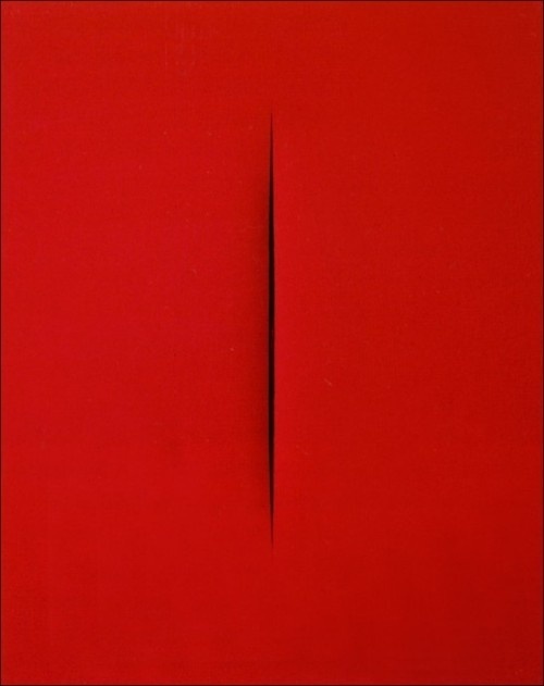magnolius: Concetto Spaziale by the late Lucio Fontana (1965) He executes the first perforated canvasses in 1949, they all carry the title #slit #red #painting