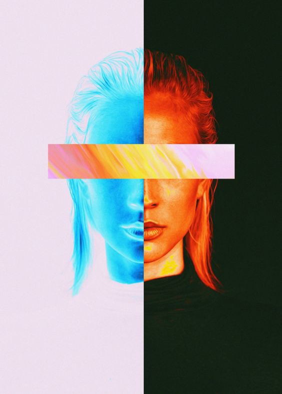Displate Poster Vaz vaz #double #face #portrait #colorful #illustration #colors #psychedelic #art #digital #modern #negative #pink #blue #orange #yellow #glitch #girl #woman #women