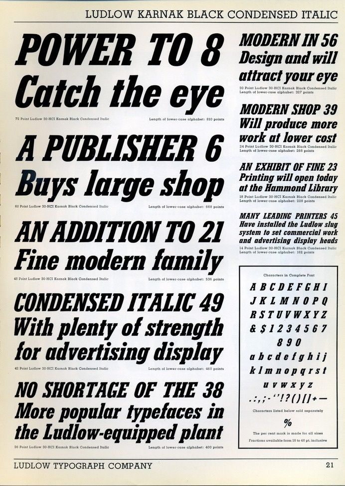 Karnak Bold Condensed Italic type specimen #type #ludlow #specimen