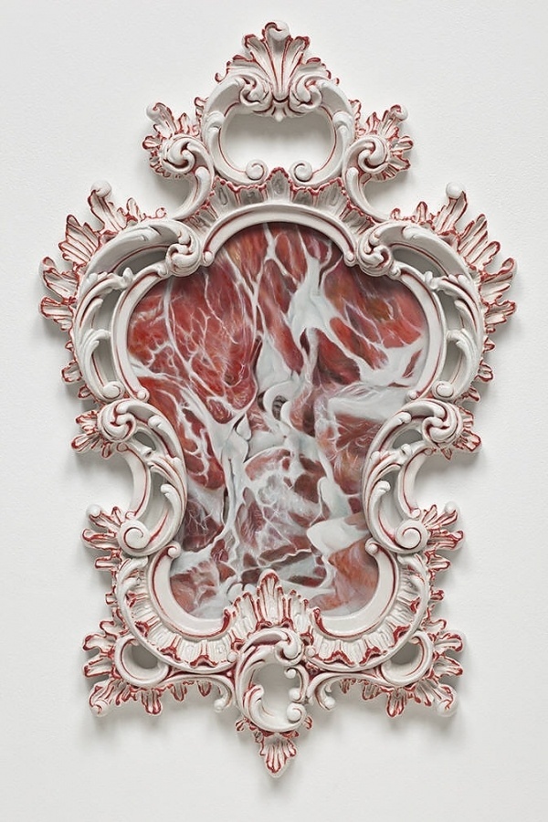 Victoria Reynolds Title: Couchon Verni, 2010 presented by Richard Heller Gallery #frame #sculpture #floral #meat #art