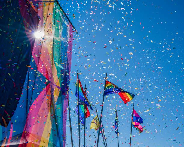 Gay Pride Parade, Rainbow flags and Confetti, Reykjavik, Iceland