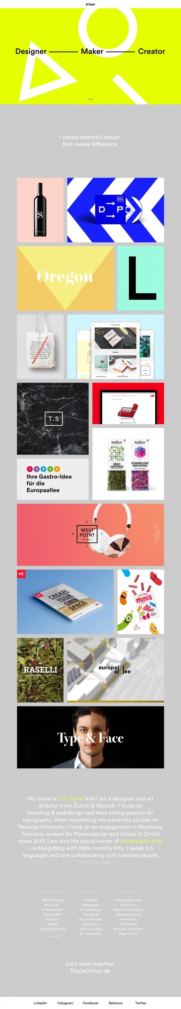 Filip Triner designer maker münchen zürich germany webdesign website site of the day minimal neon yellow geometry portfolio sotd award br