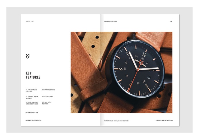 Mister Wolf Watches Identity - Mindsparkle Mag Nick Barclay designed the identity for Mister Wolf – a brand that produces high-quality, thoughtfully designed timepieces for men and women that are designed and assembled in Sydney. #logo #packaging #identity #branding #design #color #photography #graphic #design #gallery #blog #project #mindsparkle #mag #beautiful #portfolio #designer