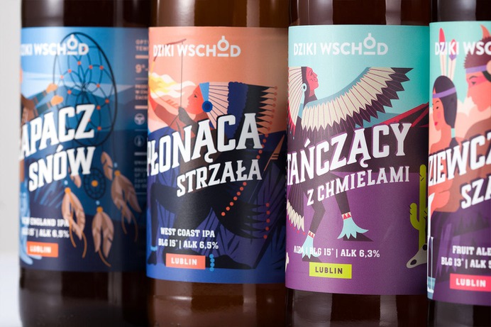 Dziki Wschód Brewery Packaging - Mindsparkle Mag Motyw Studio designed the packaging for the Native american series of beer labels of Dziki Wschód (Wild East) Brewery. #logo #packaging #identity #branding #design #color #photography #graphic #design #gallery #blog #project #mindsparkle #mag #beautiful #portfolio #designer