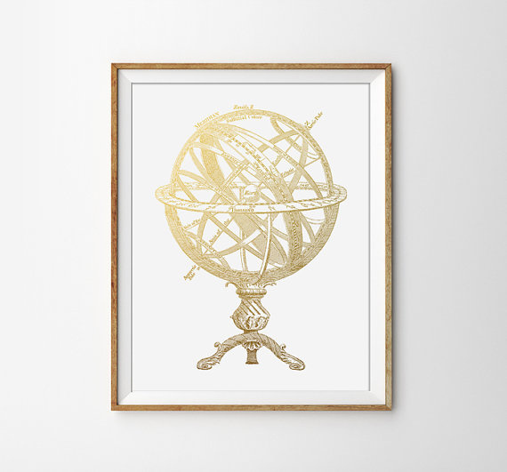 frame, globe, gold, print