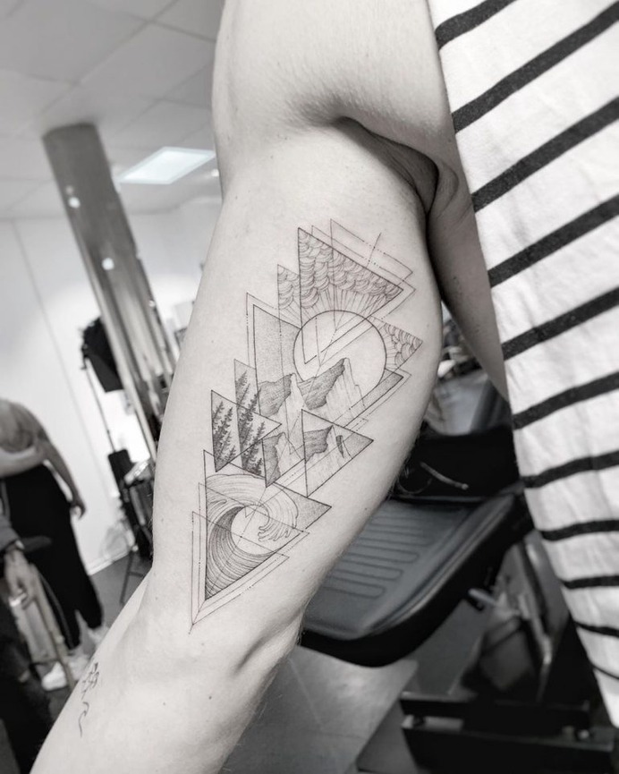 black and white, triangle tattoo, tattoo, tattoo ink, and ink image  inspiration on Designspiration