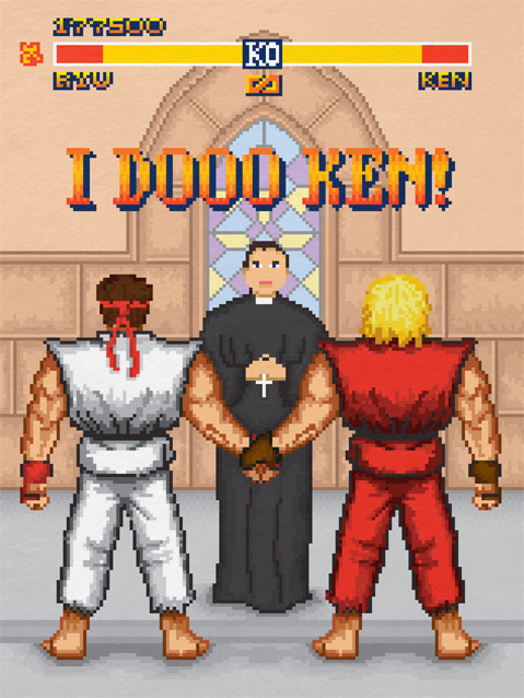 Illustration, blue, love, marriage, pixel, streetfighter