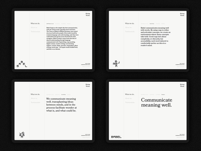 Babel Branding - Mindsparkle Mag DSR Branding designed the branding for Babel – a studio specialising in creative writing. By "Moving Words" babel help their clients communicate with greater conviction. #logo #packaging #identity #branding #design #color #photography #graphic #design #gallery #blog #project #mindsparkle #mag #beautiful #portfolio #designer