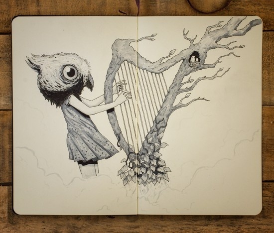 Sounds of the Forest - Moleskine sketch by Jorge Tirado :: milomonster.com #forest #harp #illustration #moleskine #music #surreal #drawing #sketch