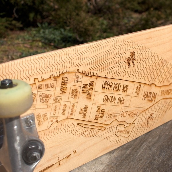 Manhattan skate deck #map #typography #wood #lettering #skateboard #rad #neighborhood #laser engraved #neighborwoods
