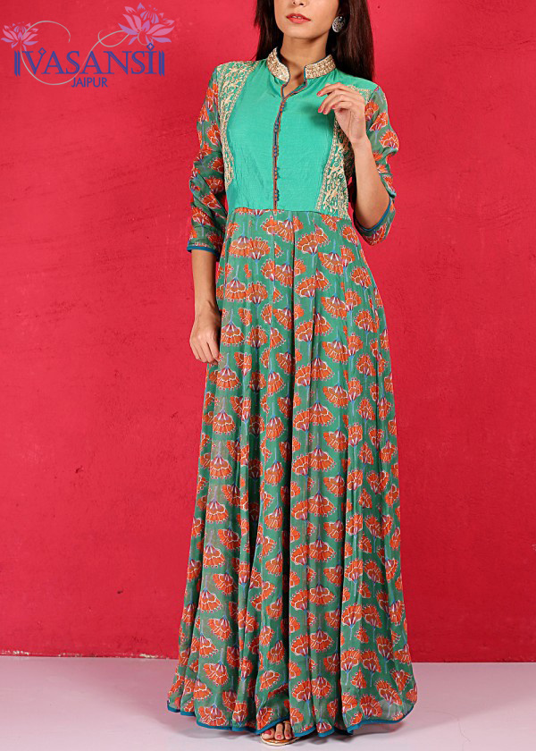 Vasansi Green Wrinkle Crepe Anarkali Tunic