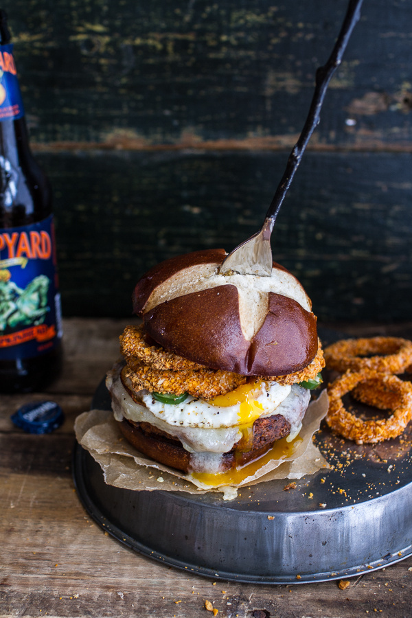 Sweet Potato Black Bean Chili Burgers w/Baked Cheddar Beer Onion Rings. #burger