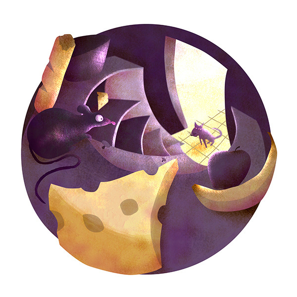 The Pantry, by Alex Felter Illustration #cheese #mouse #cat #pantry #bread