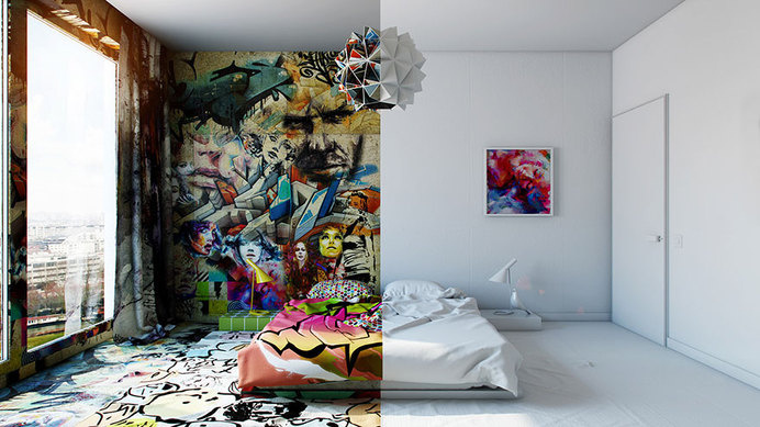 Half White, Half Graffiti: Designer Splits Hotel Room Into Two Worlds