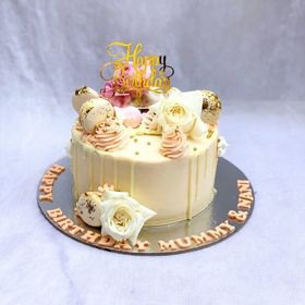 Drip Vanilla Cake, with Roses and Happy Birthday Topper