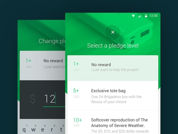 Kickstarte Material Design list view app mobile