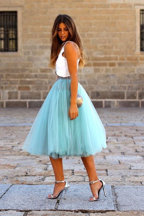 aqua tulle midi skirt