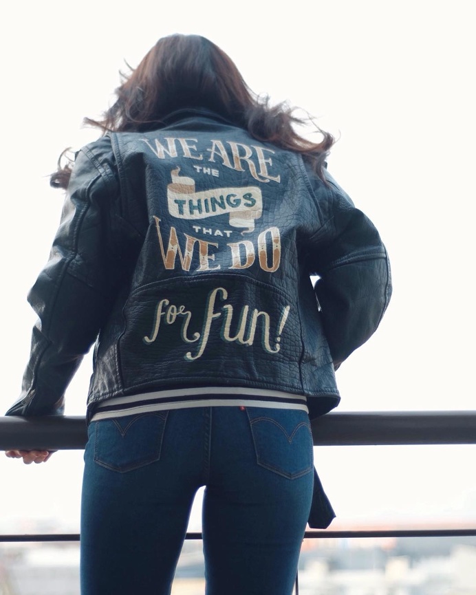 We Are The Things That We Do For Fun! Enamel on leather jacket. #kallos #handlettering #lettering #typography #leather #jacket