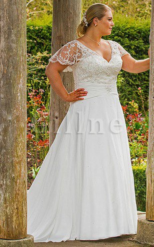Abito da Sposa Conservatore A Terra in Pizzo V-Scollo Coda A Strascico Corto