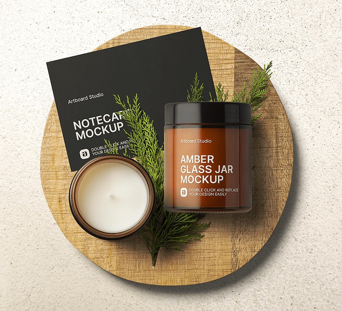 Amber glass jar mockup scene #amber #candle #jar #mockup #notecard #gift