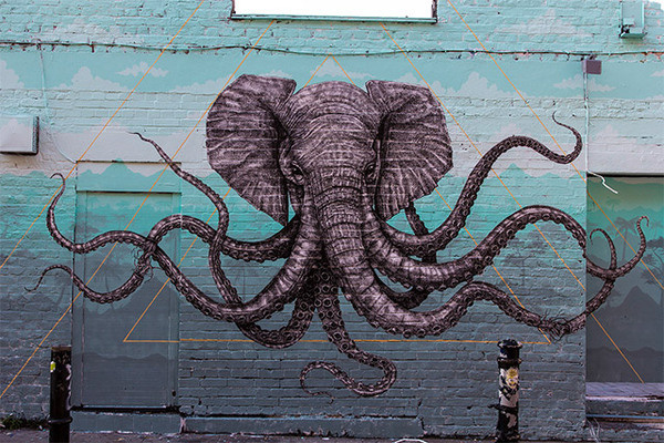 An Elephant Octopus Mural on the Streets of London by Alexis Diaz #graffiti #octopus #elephant #illustration #art #street