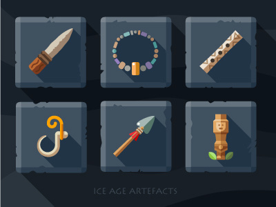 Artefacts icon set - 2 #plate #totem #boom #hook #tile #necklace #spear #flute #coat #ice #knife