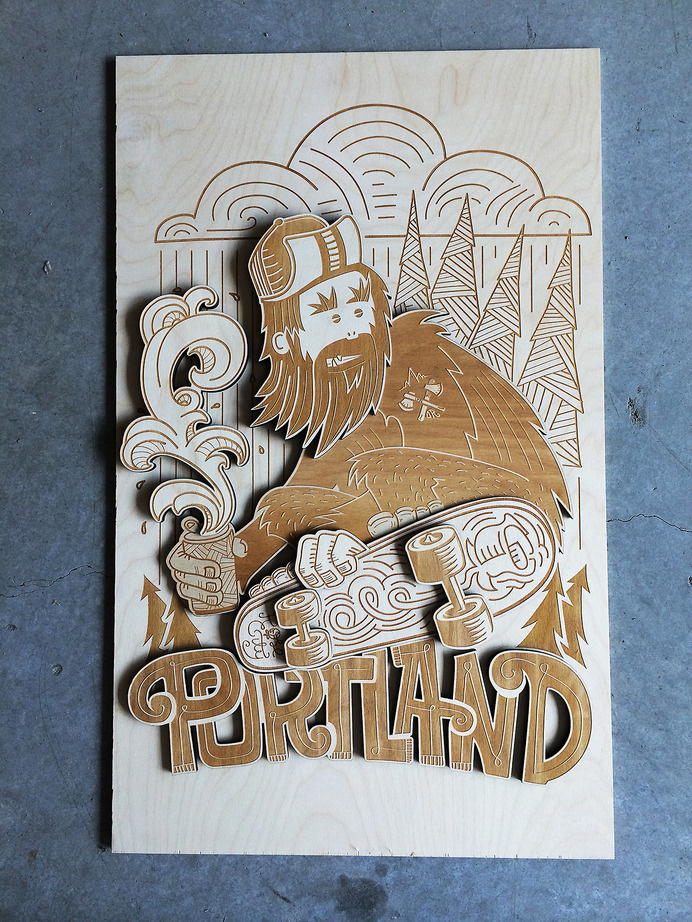 #goSkatePDX show piece, laser engraved into wood, individual pieces cut and glued together