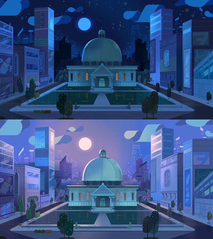 Townsville city hall at night/morning from an episode of PPG that I got to colorscript. Layout by Carrie Hobson #cartoonnetwork #powerpuffgirls #painting