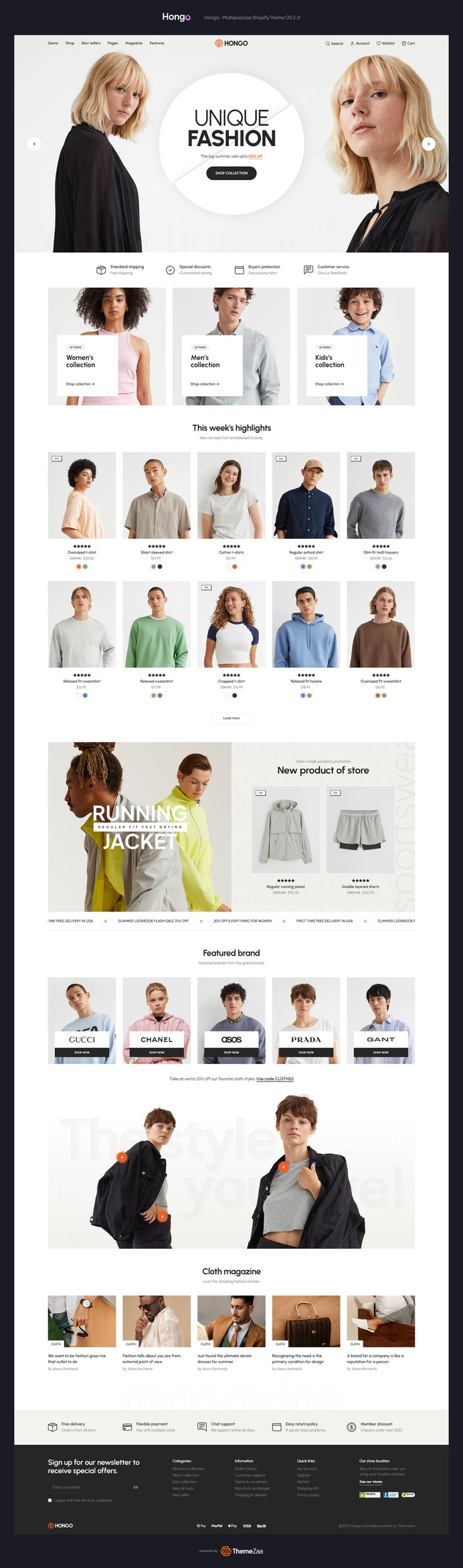 #Hongo is a powerful, #responsive #Shopify #theme that provides a sleek design, advanced features, and a versatile visual builder to help you open a lovely #clothing store on the platform. This multi-purpose theme incorporates Google-rich snippets. It offers unlimited color schemes, which will ultimately boost your store's sales. It supports the Shopify visual builder, which aids in generating a seamless shopping experience for customers.