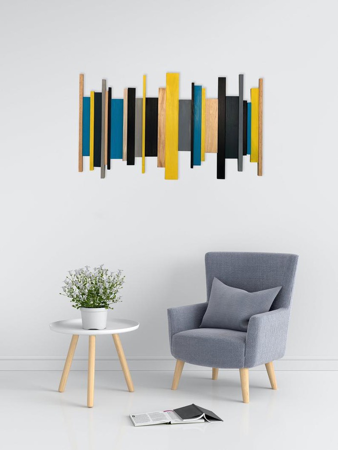 Unique Wooden Wall Art Blue and Yellow image 0