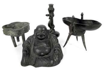 Group of four bronze figures: Budai, Jue, Vase, and incense burner