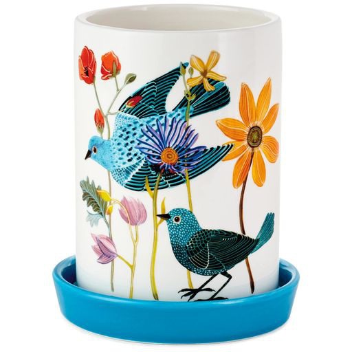 Geninne Zlatkis Bluebirds and Blooms Ceramic Planter, 6",