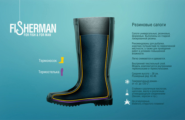 Development package for rubber boots "FISHERMAN" #packaging #infographic #design #fish #boots