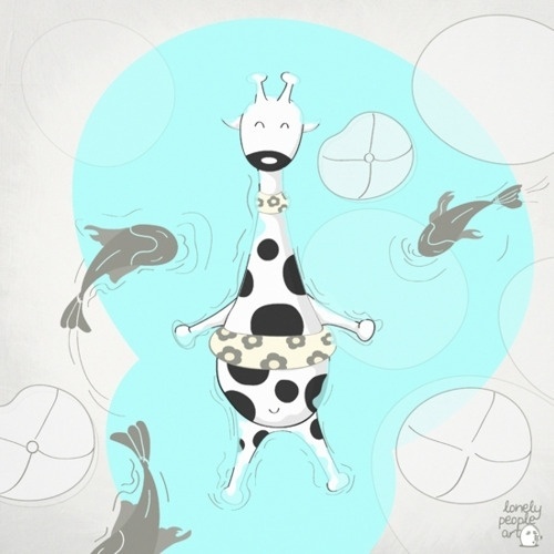 Lonelypeopleart :: Illustration, Floating with fishy… enjoying the end of summer... #illustration #giraffe #lonelypeopleart #animals