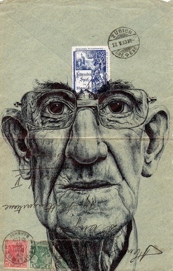 New Portraits Drawn on Vintage Envelopes by Mark Powell | Colossal #mark #design #illustration #powell #envelope #vintage